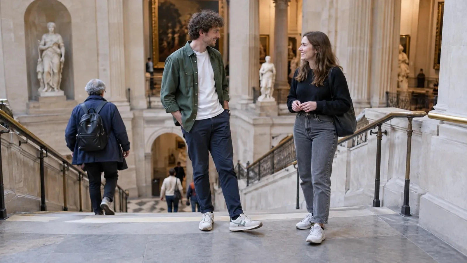Two adults pause on a museum staircase landing while another visitor passes nearby.