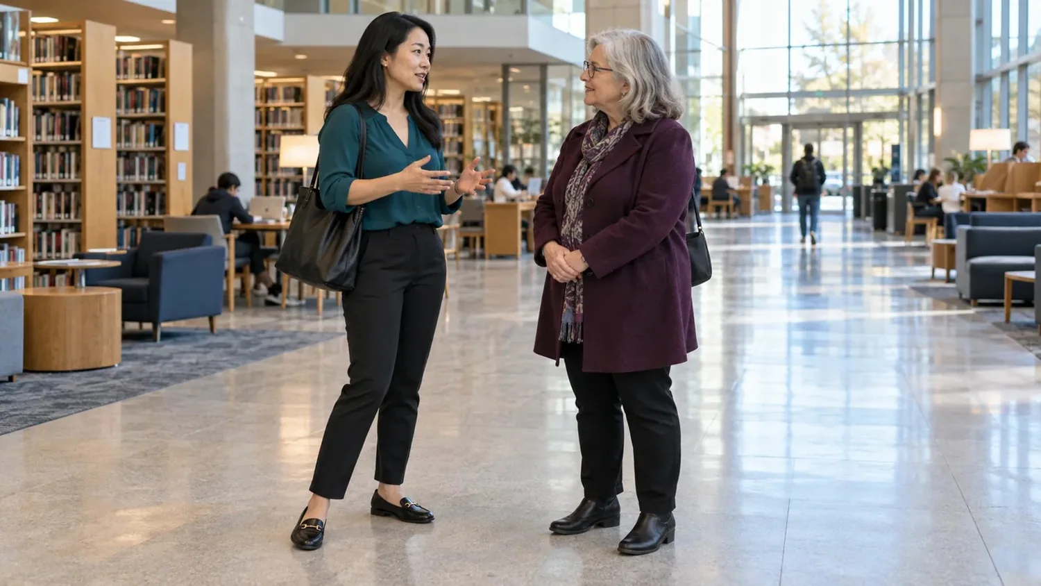 Two women talking in a library foyer, with their feet, hands and body orientation visible.