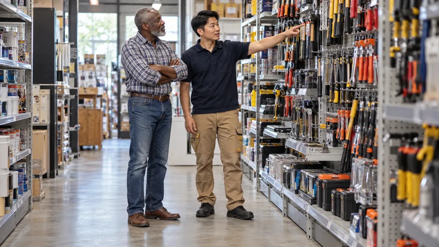 A man stands with folded arms as his companion indicates tools on a hardware-shop shelf.