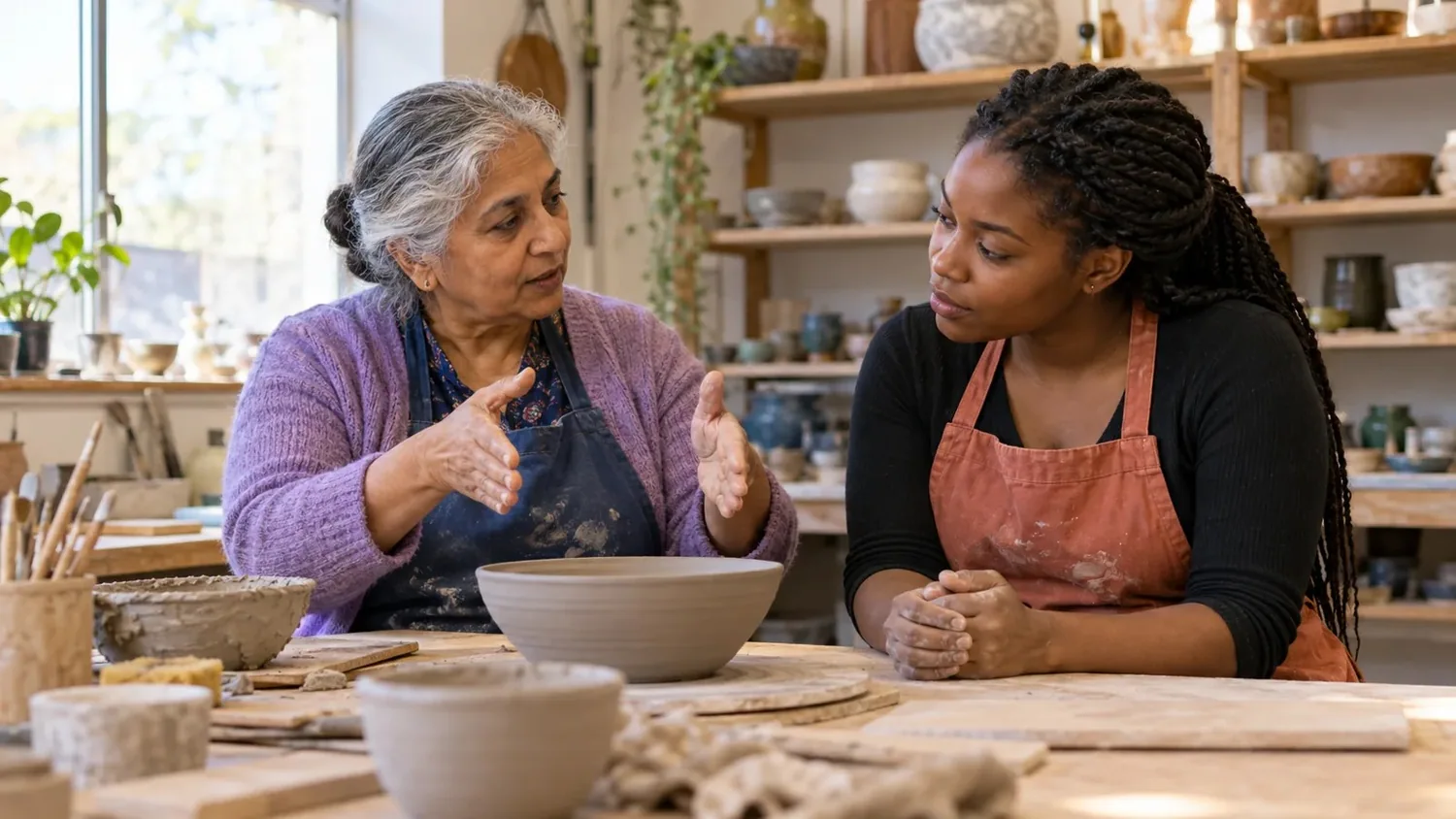 An older woman holds both hands apart above a bowl while speaking in a pottery studio.