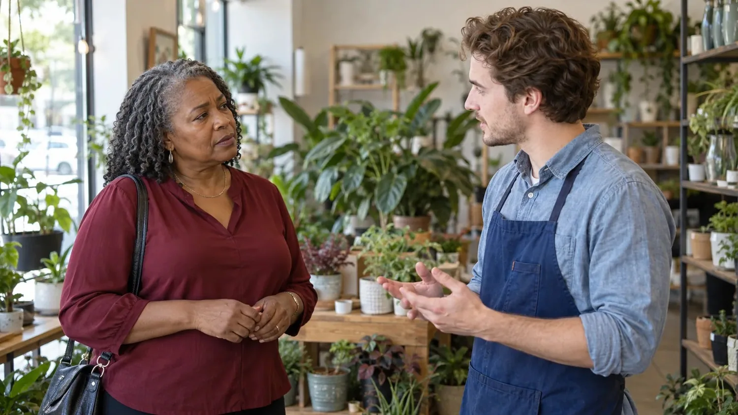 A woman listens to a shopkeeper in a plant shop, with her eyebrows and mouth clearly visible.