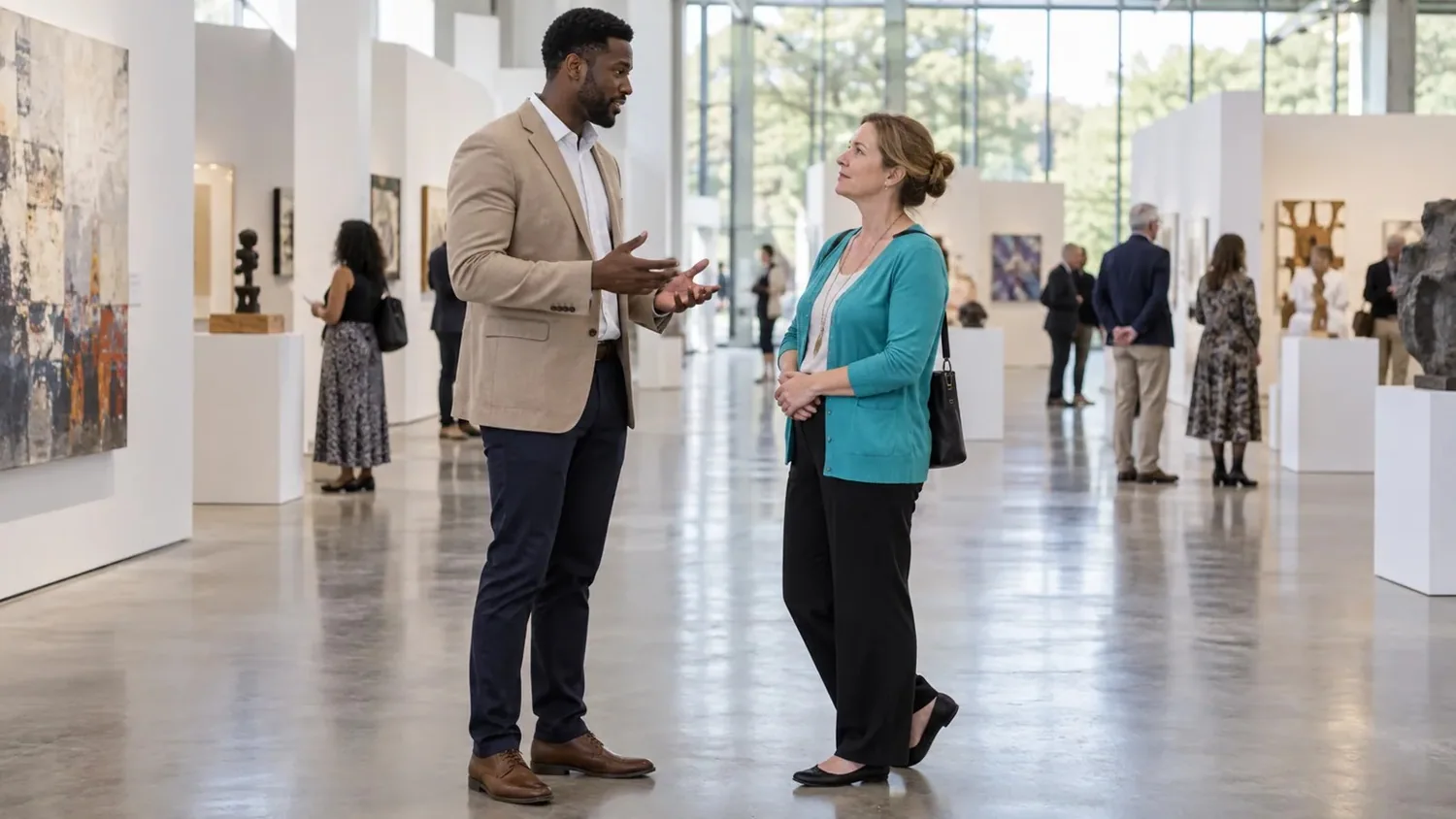 Two adults talking in an exhibition hall; the woman has one foot behind the other and a slight backward lean.