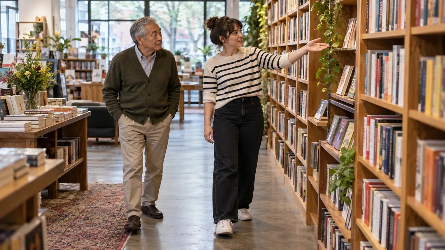A woman points towards a bookshop shelf while an older man turns his head in the same direction.