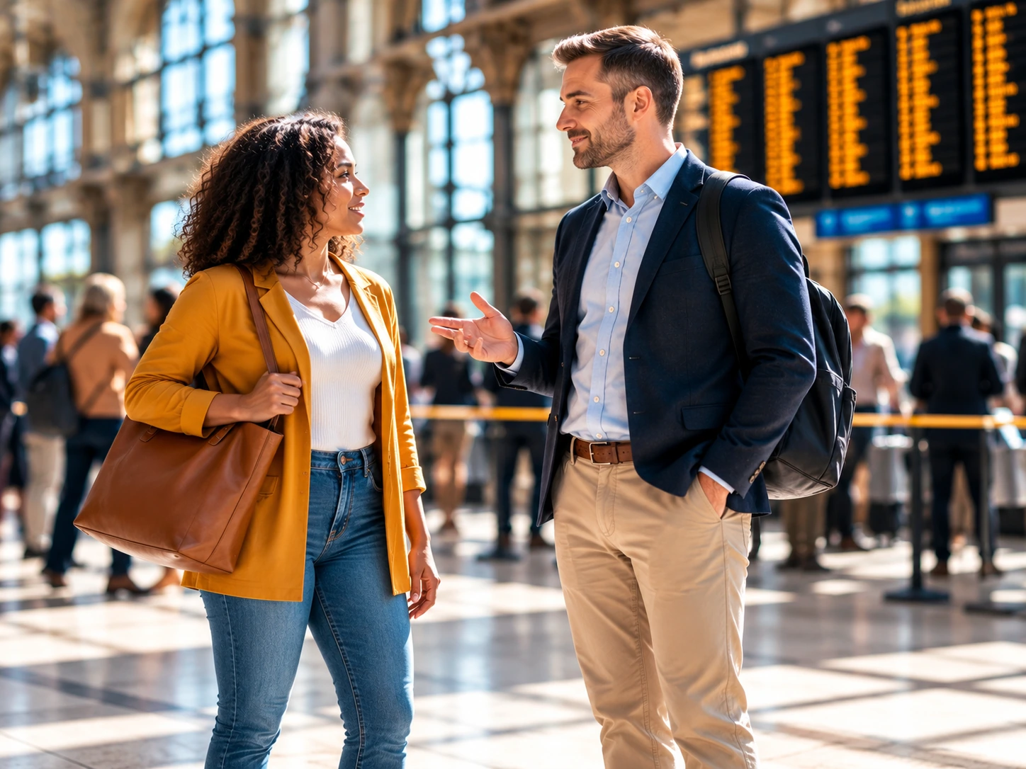 Two adults conversing in a busy station, with posture and gestures visible