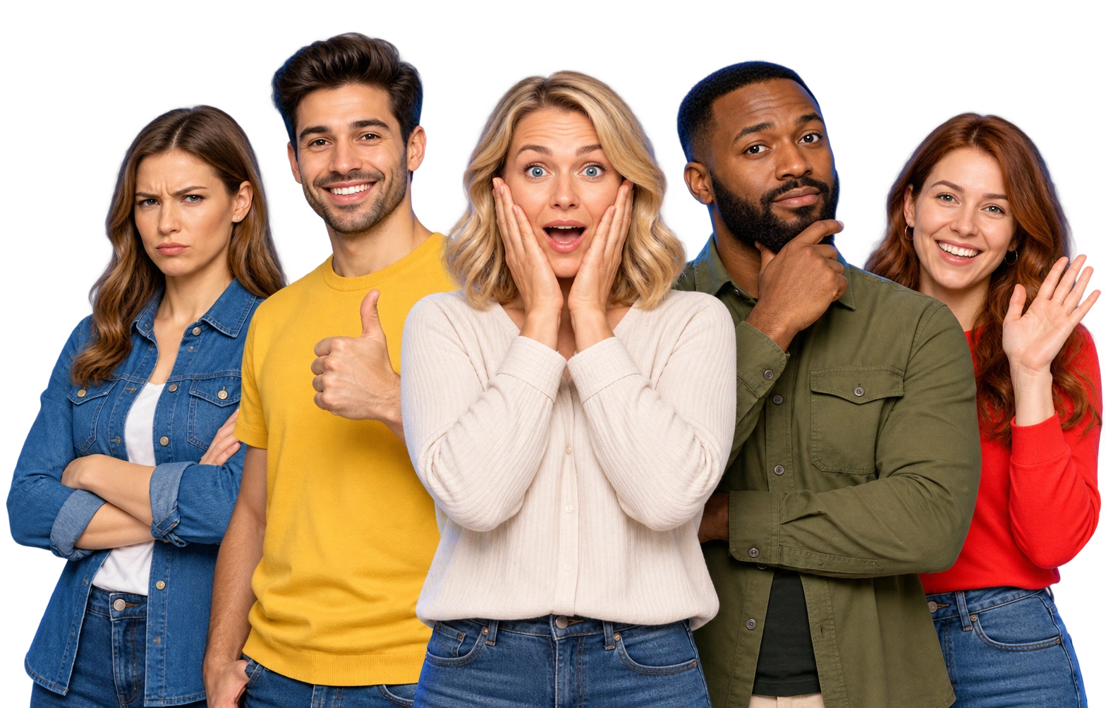 Five adults showing varied natural facial expressions and body language