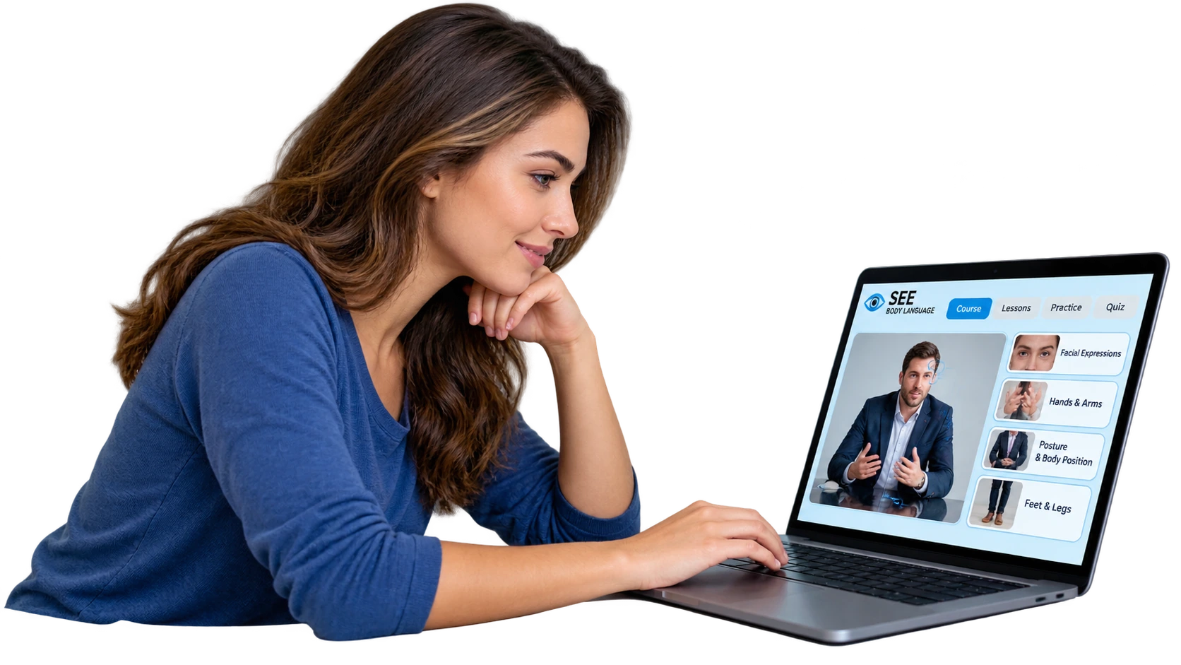 Person learning body language using a laptop